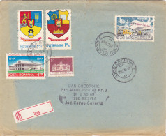 COAT OF ARMS, THEATRE, TOWN HALL, PLANE, STAMPS ON REGISTERED COVER, 1983, ROMANIA - Cartas & Documentos