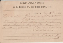 1877 - CP PRECURSEUR ENTIER SAGE Avec REPIQUAGE PRIVE ! (E.PERSIN) De PARIS - Cartes Précurseurs