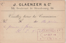 1878 - CP PRECURSEUR ENTIER SAGE Avec REPIQUAGE PRIVE ! (GLAENZER & CO) De PARIS - Cartoline Precursori