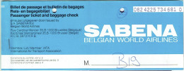 Ticket/Billet Avion. SABENA + IATA. Munich/Frankfurt/Brussels. 1984. - Europe