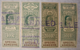 Br India King Edward, Fiscal Revenue Court Fee Special Adhesive, 40, 100, 200 And 500 Rupees, Cancelled, MNH Inde Indien - 1902-11  Edward VII