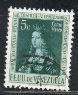 VENEZUELA 1951 AIR POST MAIL AIRMAIL QUEEN ISABELLA I OF SPAIN 5c USED USATO OBLITERE' - Venezuela