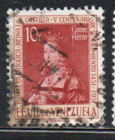 VENEZUELA 1951 AIR POST MAIL AIRMAIL QUEEN ISABELLA I OF SPAIN 10c USED USATO OBLITERE' - Venezuela