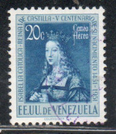 VENEZUELA 1951 AIR POST MAIL AIRMAIL QUEEN ISABELLA I OF SPAIN 20c USED USATO OBLITERE' - Venezuela