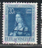 VENEZUELA 1951 AIR POST MAIL AIRMAIL QUEEN ISABELLA I OF SPAIN 20c USED USATO OBLITERE' - Venezuela