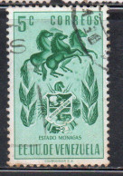 VENEZUELA 1953 1954 COAT OF ARMS MONAGAS AND HORSES 5c USED USATO OBLITERE - Venezuela