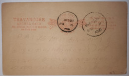 India, Princely State Travancore Postal Stationery Card Used - Travancore