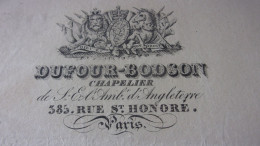 FACTURE 1832 DUFOUR BODSON CHAPELIER à Paris,  385 RUE SAINT HONORE A MR LE COMTE DE SERRANT - 1800 – 1899