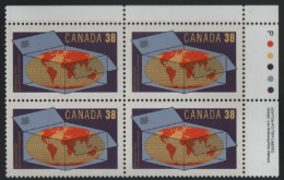 Canada 1989 MNH Sc 1251 38c Globe In Box Int'l Trade UR Plate Block - Numeri Di Tavola E Bordi Di Foglio