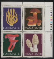Canada 1989 MNH Sc 1248a 38c Mushrooms UR Plate Block - Plate Number & Inscriptions