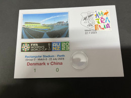22-7-2023 (3 S 9) FIFA Women's Football World Cup Match 8 (stamp + Coin) Denmark (1) V China (0) - 2 Dollars