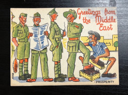 WW2 MILITRY COMIC POSTCARD BY M.J & B.MILLER LTD - BRITISH SOLDIERS AND A JEWISH SHOE SHINE. PALESTINE HOLY LAND ISRAEL - Palestine