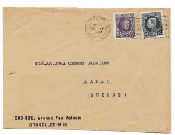 Montenez 50 Ct. (n°211) + Houyoux 25 Ct (198) Brux. Midi  25.IV.1924 Vers AARAU / SUISSE - 1921-1925 Petit Montenez
