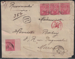 SAGE - N°98 BANDE DE 3 +1 - CACHET PORT SAID - EGYPTE - 17-3-1897 - DEVANT DE LETTRE RECOMMANDEE POUR MARSEILLE. - 1877-1920: Période Semi Moderne