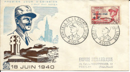 Env Fdc Algérie 18/6/1957 Alger Capitale De La France Libre, 18 Juin 1940, Maréchal Leclerc, Char, Croix De Lorraine - FDC