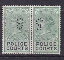 GB Fiscal/ Revenue Stamp.  Police Courts 1/- Green And Black Barefoot 9 Pair.  Good Used Perfin - Fiscaux