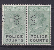 GB Fiscal/ Revenue Stamp.  Police Courts 1/- Green And Black Barefoot 9 Pair.  Good Used Perfin - Revenue Stamps