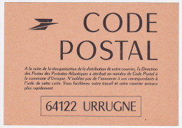 CODE POSTAL - Carte Postale De Service - 64122 URRUGNE -Changement De Code Postal - Pseudo-officiële  Postwaardestukken