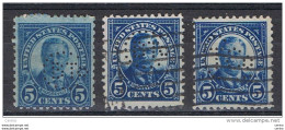 U.S.A.:  1922/25  T. ROOSEVELT  -  5 C. USED  STAMPS  PERFINS  -  REP.  3  EXEMPLARY  -  P. 11  -  YV/TELL. 232 - Perfins