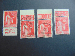 Petit Ensemble De 4 Timbres Au Type Paix à 50 Centimes Oblitérés Avec 4 Bandes Pubs Fer à Cheval Différentes - N°. 196 - Used Stamps