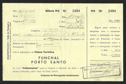 Ticket For The Ship 'Lisbonense' On The Voyage From Funchal To Porto Santo Island In 1961. Madeirense Shipping Company. - Mondo