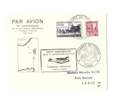 !!! TUNISIE, 25E ANNIVERSAIRE DE LA 1ERE LIAISON AÉROPOSTALE TUNISIE-FRANCE 1927-1952, POUR PARIS VIA AJACCIO PAR AVION - Luchtpost