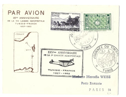 !!! TUNISIE, 25E ANNIVERSAIRE DE LA 1ERE LIAISON AÉROPOSTALE TUNISIE-FRANCE 1927-1952, POUR PARIS VIA AJACCIO PAR AVION - Poste Aérienne