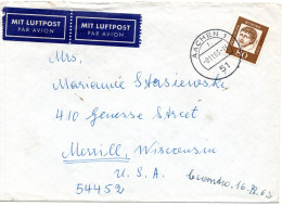 68589 - Bund - 1963 - 80Pfg Kleist EF A LpBf AACHEN -> Merrill, WI (USA) - Covers & Documents