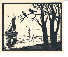 Silhouette, Repro, Seeidylle Mit Segelboot, Baum Und Vögeln, Rückseite Unbedruckt Leer, 14,6 X 12,5 Cm - Silhouettes