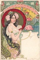 Illustrateur - Femme Eux Cheveux Long Et Noirs Qui Porte Une Rose - Art Nouveau  - Oblitéré 1901- Carte Postale Ancienne - 1900-1949