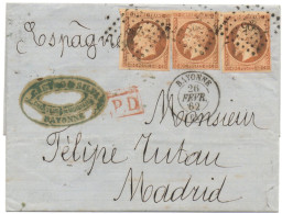 Pli De Bayonne Pour Madrid De 1862 40c (n°16) X 3 Triple Port Sur Tarif Espagne - 1849-1876: Période Classique