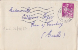 F Mignonette Obl. Sécap Creutzwald Le 31/12/57 Sur N° 1116 12f Moissonneuse Violet Pour Ham S/ Varsberg - 1957-1959 Mietitrice