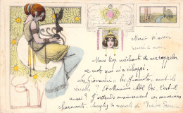 Illustrateur - Art Moderne - Femme Assise - Fleur -  Carte Postale Ancienne - 1900-1949