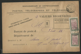 MADAGASCAR N° 136 (x2) Obl. C. à D. "MANJUGA 17/4/30" Sur Env. Pour VALEURS RECOUVREES Adressée à Paris. - Covers & Documents