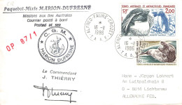 TAAF - LETTER 1986 ALFRED-FAURE-CROZET - DE Mi 153, 185 / *1111 - Lettres & Documents