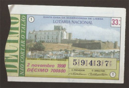 Loterie PORTUGAL 26-10-1990 Couvent De São Francisco Estremoz Extremoz Alentejo Eglise Loteria Lottery Convent Church - Billetes De Lotería