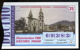 Loterie PORTUGAL 23-11-1990 Eglise Funchal Madeira Madère Loteria Lottery Church - Billetes De Lotería