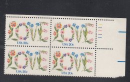 Sc#1951, Plate # Block Of 4 20-cent, Love Theme, US Postage Stamps - Plaatnummers