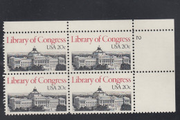 Sc#2004, Plate # Block Of 4 20-cent, US Library Of Congress, US Postage Stamps - Numero Di Lastre