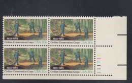 Sc#2037, Plate # Block Of 4 20-cent, 50th Anniversary CCC Civilian Conservation Corps New Deal Program, US Stamps - Numero Di Lastre