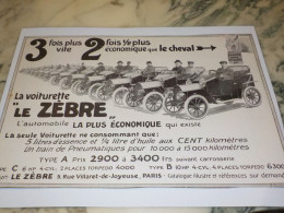 ANCIENNE PUBLICITE  VOITURETTES LE ZEBRE 1913 - Voitures