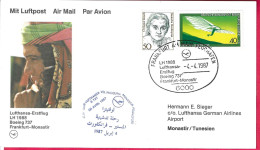 GERMANIA - PRIMO VOLO ERSTFLUG FROM FRANKFURT TO MONASTIR *4.4.1987* ON OFFICIAL CARD - First Flight Covers
