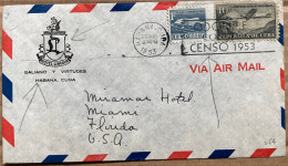 CUBA 1953, ILLUSTRATE COVER, HOTEL LINCOLN, USED TO USA, COOPERATE FOR CENSUS, MACHINE SLOGAN, BUILDING, AIR PLANE, HABA - Covers & Documents