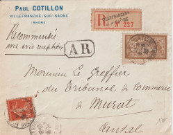 1920 - MERSON GC + SEMEUSE Sur ENVELOPPE RECOMMANDEE AR De VILLEFRANCHE SUR SAONE => MURAT (CANTAL) - Covers & Documents