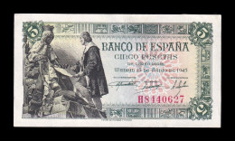 España Spain 5 Pesetas Capitulaciones 1945 Pick 129a Serie H Sc- AUnc - 5 Peseten