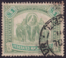 FEDERATED MALAY STATES FMS 1907 $1 Wmk.Multi Crown CA Sc#34 - USED Part Proud PP2 @TE6 - Federated Malay States