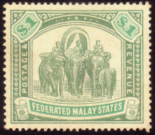 FEDERATED MALAY STATES FMS 1907 $1 Wmk.MCA Sc#34 Jointed AT [federATed] At Top EFO - MH Disturbed Gum @TE19 - Federated Malay States