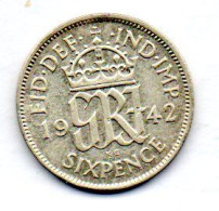 GREAT BRITAIN - 6 Pence, Silver, Year 1942, KM # 852 - H. 6 Pence