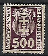 DANZICA OCCUPAZIONE TEDESCA  1923  SEGNATASSE   STEMMA DI DANZICA FILIGRANA 2  UNIF.19 MLH  VF - Postage Due