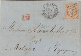 1872 - SIEGE TARIF 40c ! - LETTRE De PARIS => MALAGA (ESPAGNE) ! - 1870 Siège De Paris